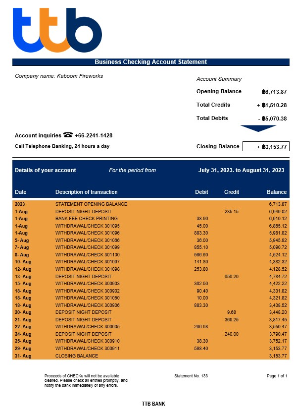 Modèle Word et PDF de relevé de compte courant d'entreprise TTB Bank
